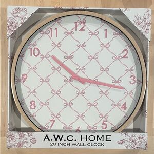NIB A.W.C Pink Bow Coquette Pink and White 20 inch Wall Clock